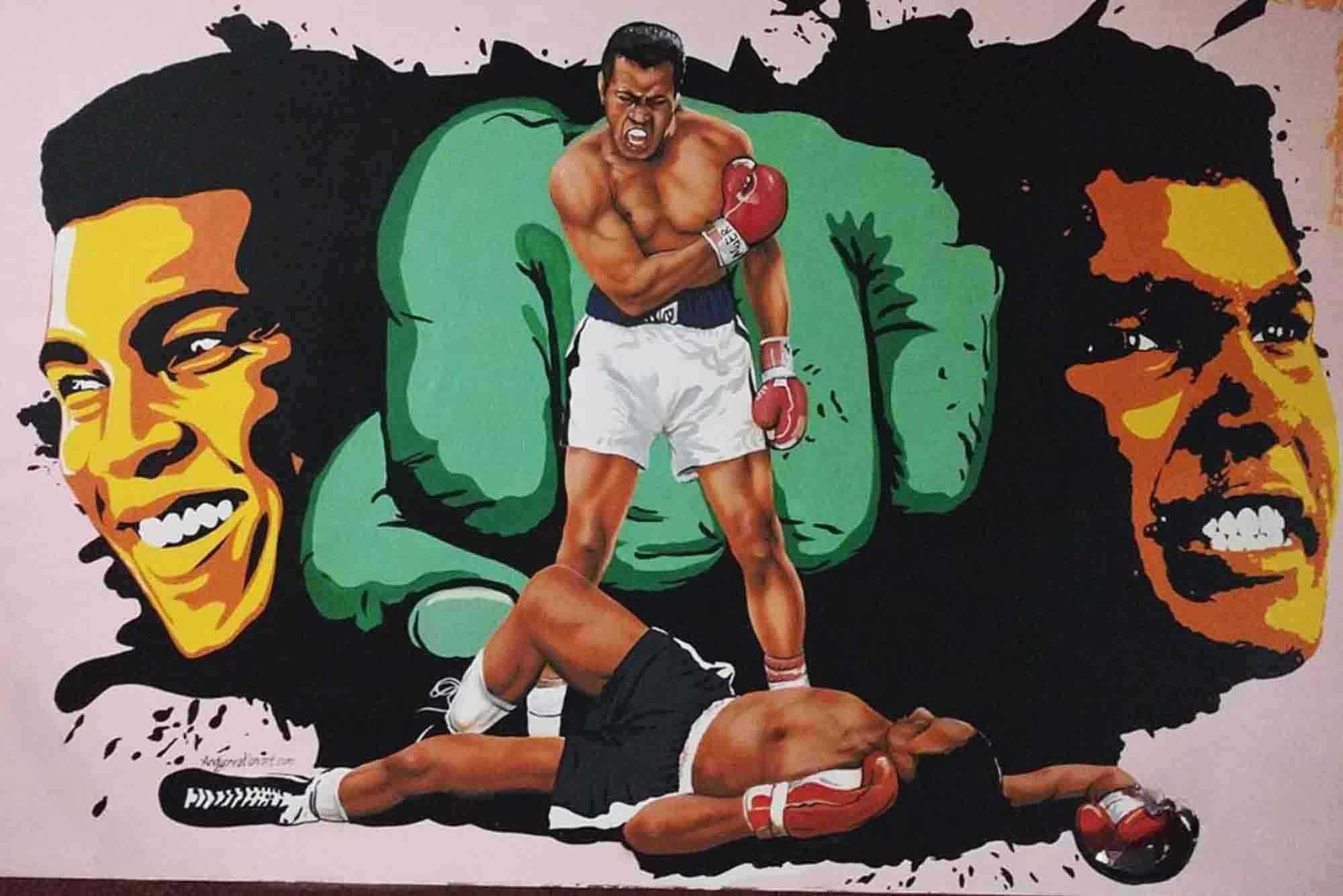 Graffiti mural of Muhammad Ali featuring a powerful boxing pose, vibrant colors, and expressive portraits in the background