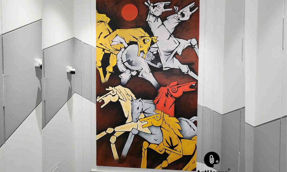 Vibrant geometric horsemen canvas painting by the Best Canvas Painting Artist in Gurgaon, featuring dynamic colors on an earth-toned background.