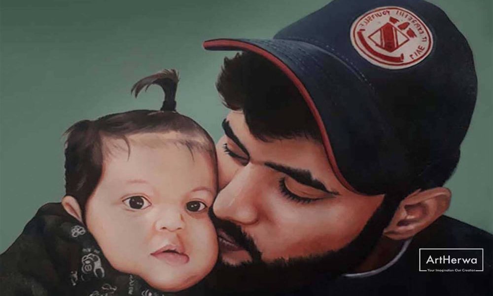 Realistic father and son portrait painting showing a father kissing his child's cheek with emotional detail