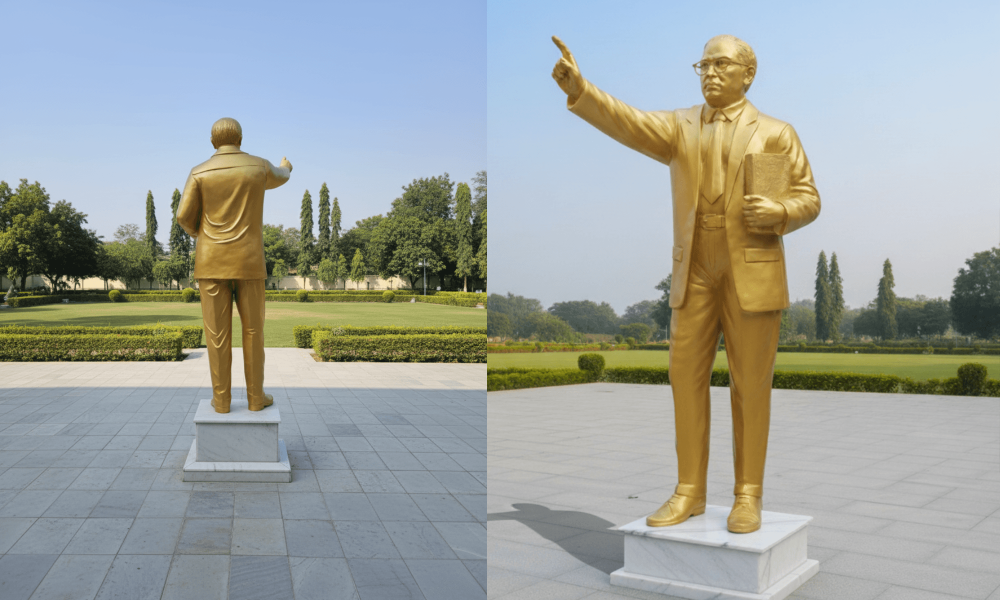 7-feet Dr. Bhimrao Ambedkar Fiber Statue by ArtHerwa, crafted by the best sculpture artist in Gurgaon with a golden finish.